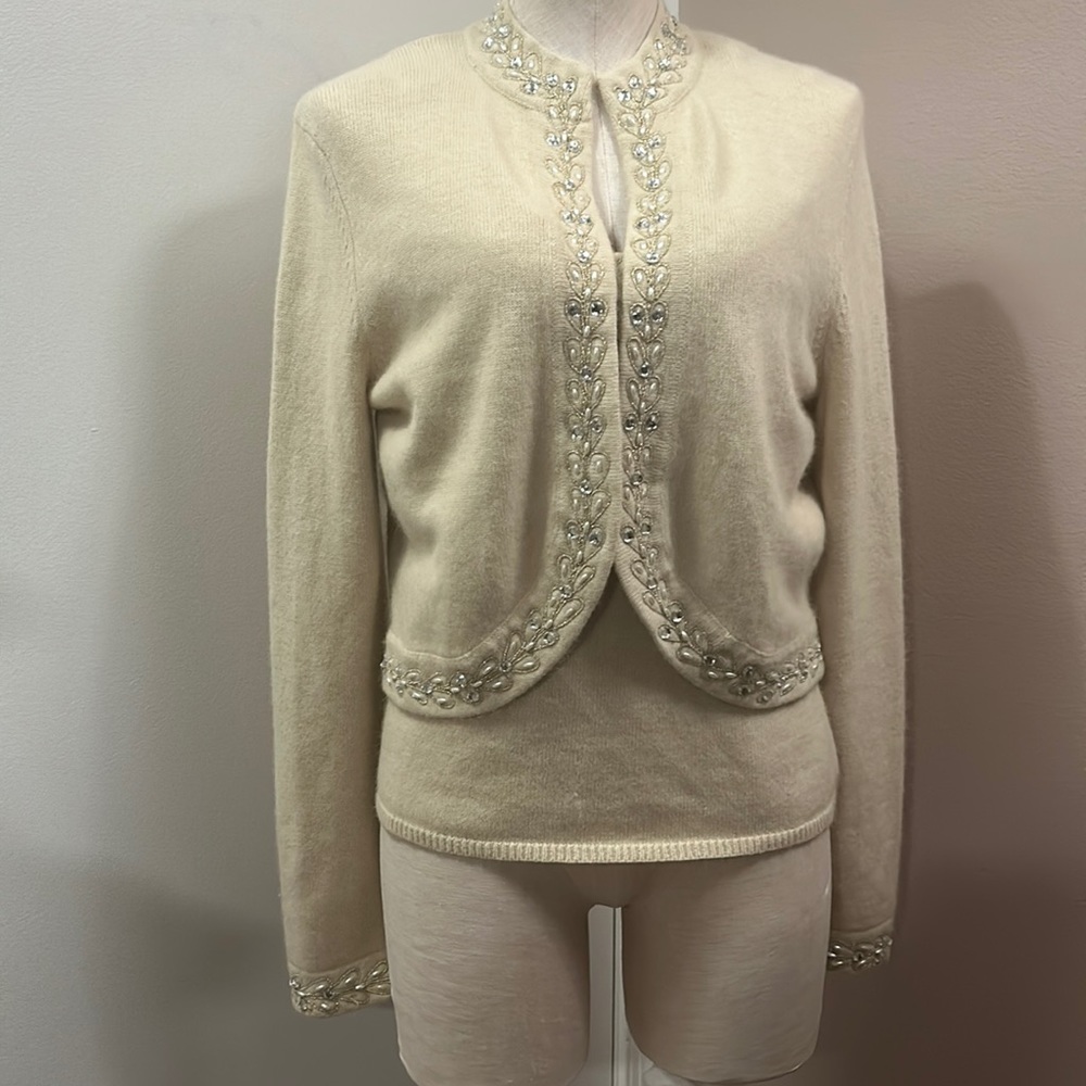 Women’s Two Piece Embroidered Trim Cream Sweater Set with Tank Top